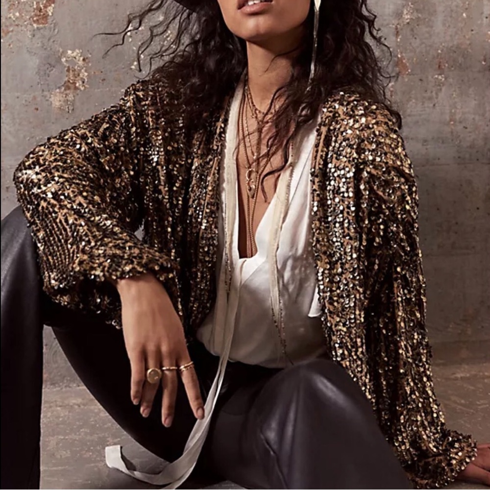 Free People Seeing Stars M/L Gold Black Allover Sequin Embellished Open Jacket
